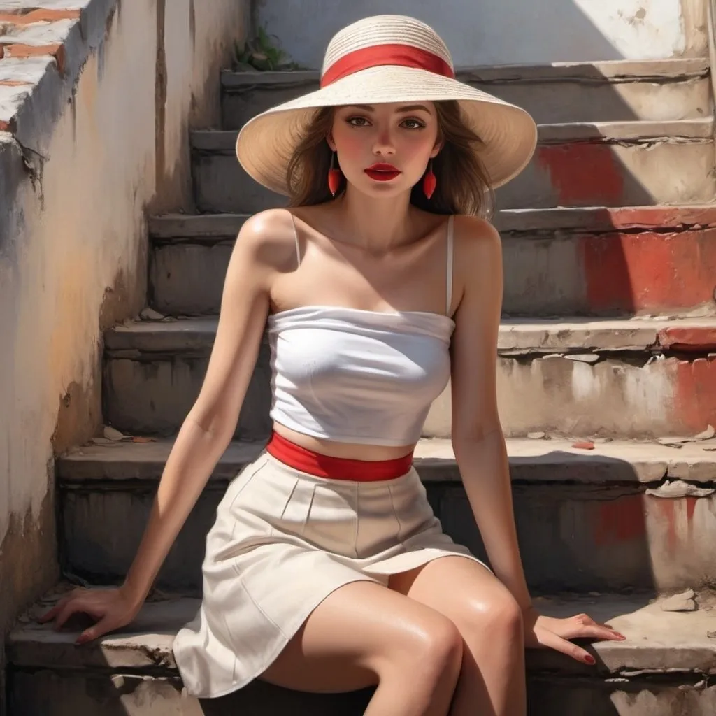 Prompt: 4k , high resolution , digital painting , realism, artistic  ,modeling , fashion , white brown black and gray colors shot , old wall , a woman is sitting on stairs , creme white miniskirt , white tube top , red summer hat , red lipstick  , close up , sun shines light  on the woman 