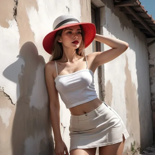 Prompt: 4k , high resolution , digital painting , realism, artistic  ,modeling , fashion , white brown black and gray colors shot , old wall , a woman is leaning against the wall , creme white miniskirt , white tube top , red summer hat , red lipstick  , close up , sun shines light  on the woman , low angle shot , modeling stance 