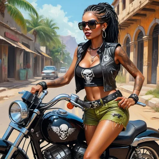 Prompt: 4k , high resolution , bright colors ,oil painting ,road,palm trees,old building,cracked walls, a female bounty hunter sits on motorbike and she holds a gun on her right hand, black braid hair , black skin , sunglasses , mirrored lens,olive shorts, leather black crop top shirt , bandolier , skull logo , close up