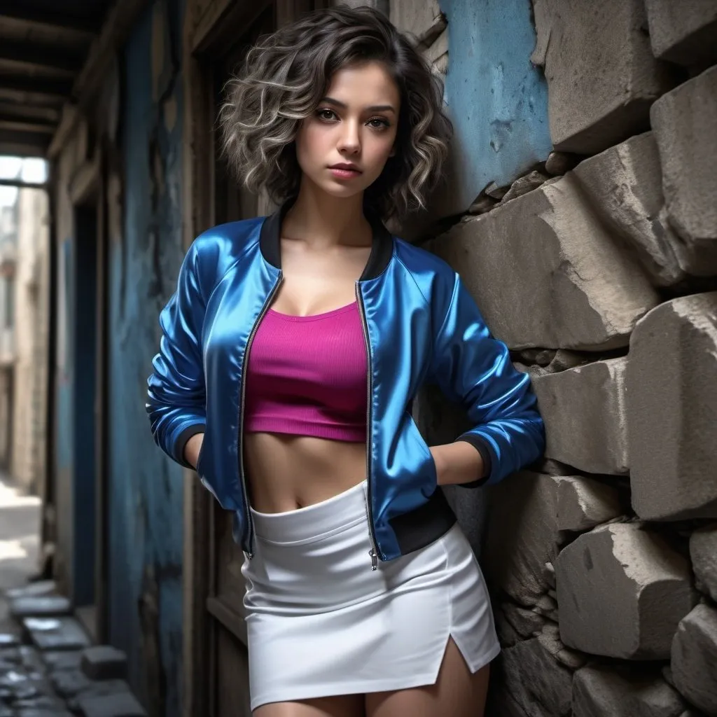 Prompt: neglected building ,old street,cracked illuminated stone wall  , a woman leaning against the wall in modeling pose , blue jacket , fuchsia crop top shirt , white , miniskirt , brown skin , curly black and gray mixed hair , close up , 4k , glamour photography , high resolution , digital painting , photorealism , dark colors , art photography 