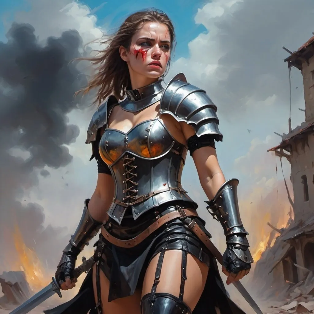 Prompt: 4k , high resolution , oil painting ,knight period, artistic ,fantasy ,destruction, bright colors , a warrior woman is standing proudly 
  , wounds on face , short black skirt with belt  , black combat corset,shields on both shoulders  , action , dynamic ,  , low angle shot ,show legs, emotional face,