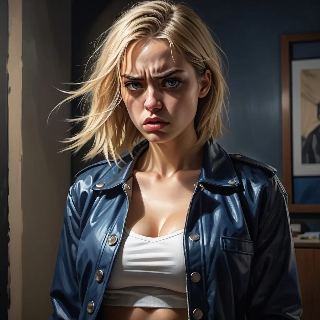 Prompt: 4k , high resolution , photorealism , painting ,emotional ,digital ,expressionism,modeling ,light and shadow photography,  artistic , dark room  , woman is angry , tears on eyes,
blonde hair , opened brown jacket ,white crop top shirt , detailed dark blue slit miniskirt ,detailed face , sick eyes , sad eyes , low angle shot , full body 