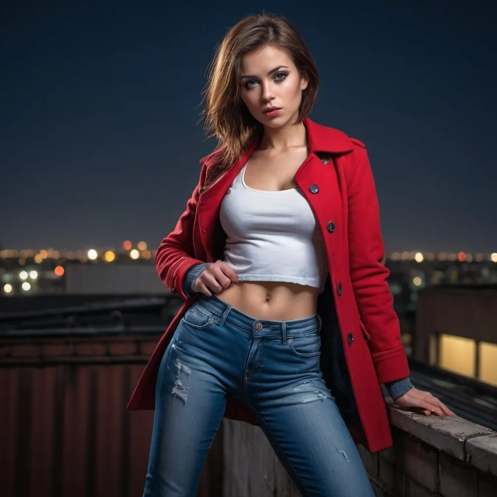 Prompt: 4k , high resolution , detailed ,glamour photography , dramatic colors ,contrast colors , realism ,professional, lights , art photography,neglected rooftop, urban view, night , a woman leaning against the wall in modeling pose, a ladder near the woman , bangs haircut, brown hair , opened red coat and white crop top under the brown jacket  , blue long tight  jeans , portrait , legs , low angle shot 