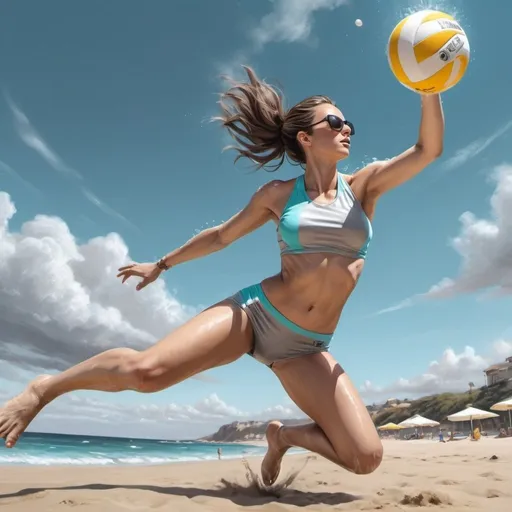 Prompt: 4k , high resolution , digital painting , modeling , achromatic grays ,hyper realism, beach , white brown  yellow and gray colors shot , table  , a woman is playing volleyball ,ball in the air,she is jumping and hit the ball ,low angle shot,view from above ,close up ,portrait ,dynamic photo , tiffany blue swimwear ,sunglasses with mirrored lens   , wet skin , warm 