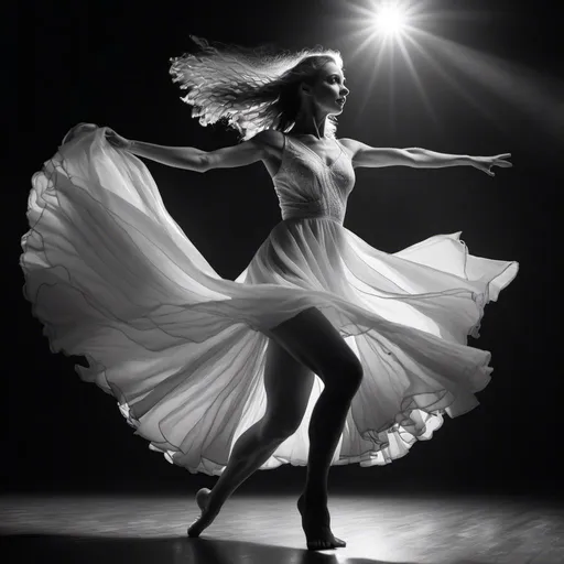 Prompt: <mymodel>
4k , hyper realistic , high resolution,artistic , black and white colors shot, a woman in white dress is dancing on dark stage , close up , energetic dance , lights shine on the woman , dynamic 