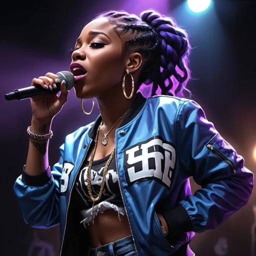 Prompt: detailed , high resolution  digital painting, low-angle of a 28 years old black female rapper in a dark stage , she is singing , black braid hair, purple letter jacket , blue ripped skinny jeans ,achromatic colors, 4k, high resolution, art photography,  intense lighting, dramatic shadows, professional, , atmospheric lighting , 