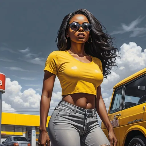 Prompt: 4k,oil painting ,high resolution,professional, Achromatic grays ,sky,modeling ,low angle shot,feet,  a black woman is  a top model ,she stands near gas station , she has hard attitude,shameless  ,long hair ,black hair, yellow crop top shirt , short jeans, focus on legs ,she wears sunglasses , mirrored lens, close up , portrait , 