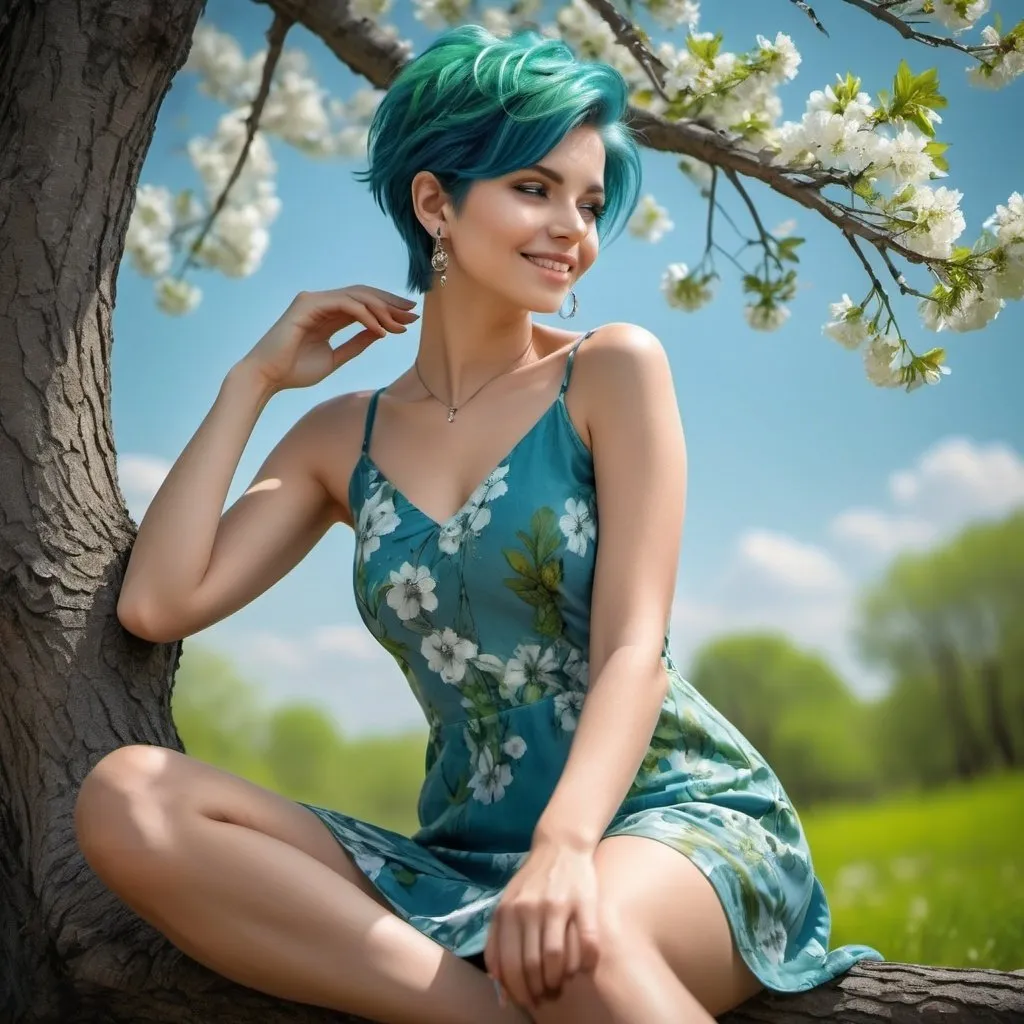 Prompt: 4k , high resolution , glamour photography , art photography , digital painting ,achromatic colors ,trees ,beautiful calm place ,peaceful ,blue sky, flowers are blooming ,spring season , an attractive woman sitting on tree and touching her hair ,modeling pose ,she enjoys the freedom of the nature , smiles , blue pixie hair , green floral mini dress  , earrings , necklace  , low angle pose , legs  , close up 