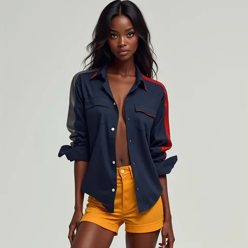 Prompt: digital painting , 
a full body image of a black woman with long hair  wearing navy blue opened buttoned shirt with v-neck also has red and gray strips , mustard fitted shorts , she is standing in modeling pose 