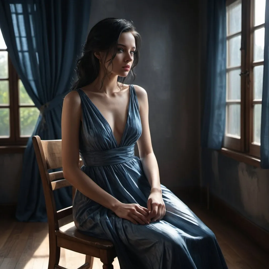 Prompt:  high resolution, 4k, dark colors  , water painting ,dramatic colors , detailed, achromatic grays, fashion , modeling , room , parquet , window with gray curtain
a woman is sitting on wooden chair, fancy blue long slit dress , low angle shot , black hair , close up on woman's face ,blue eyes,portrait ,light and shadow  , sunlight shines on the woman through the window , 