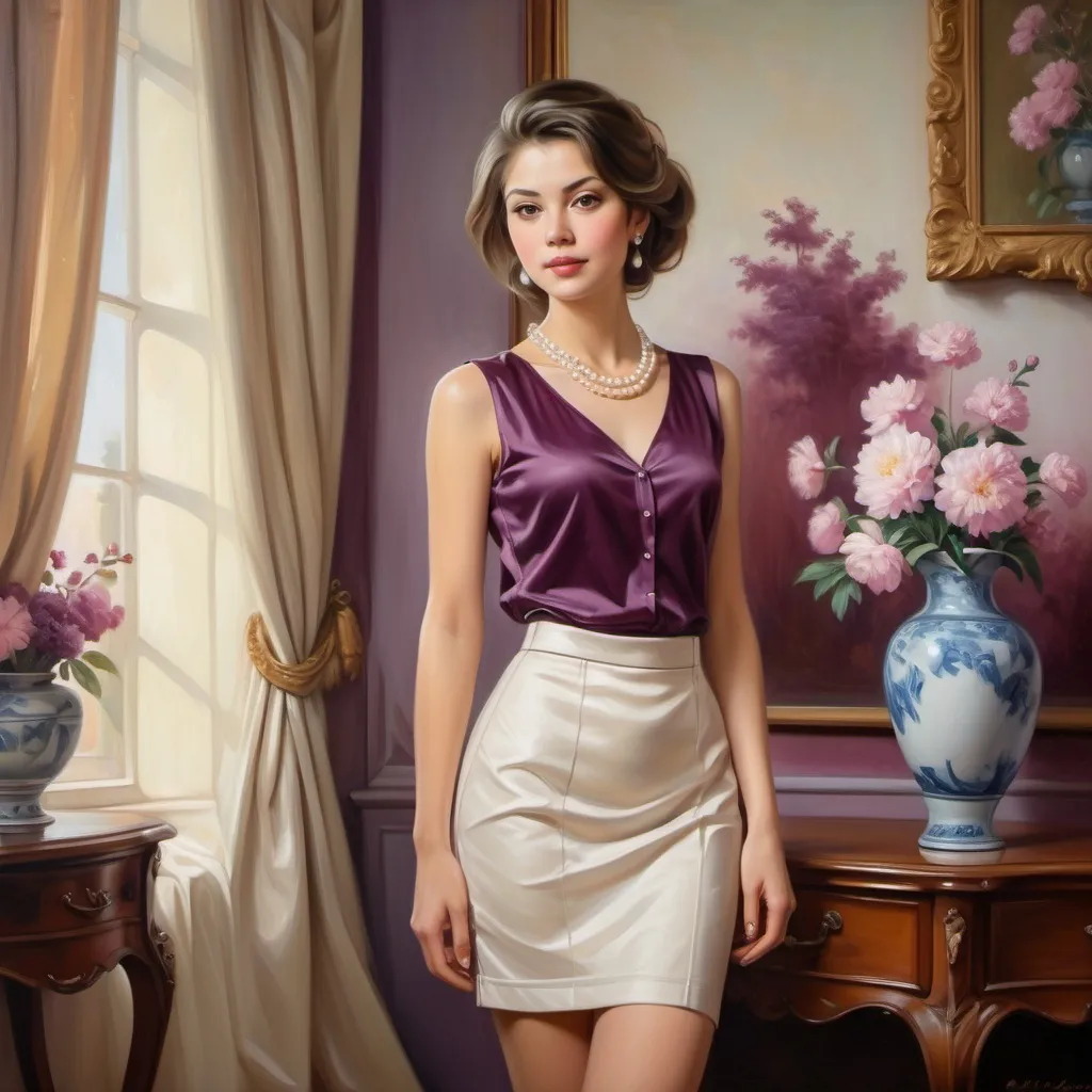 Prompt: oil painting of beautiful woman wearing an (elegant sleeveless plum blouse,pearl necklace ,) and (off-white fancy miniskirt ,good looking hairstyle), standing(modeling pose) near a perfectly designed room with aesthetic wall and plum curtain, vase with flowers near the woman  , good composition 