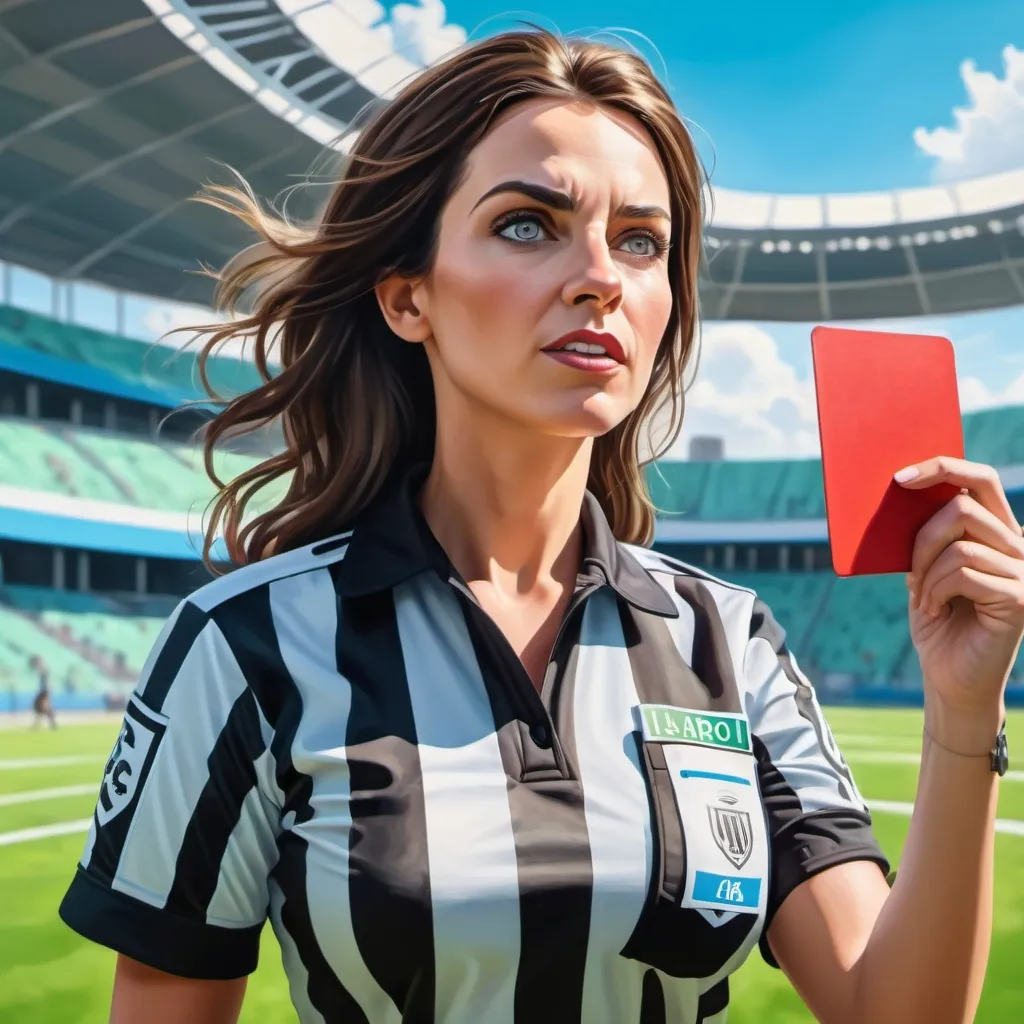 Prompt: 4k,oil painting,high resolution,professional, bright colors , blue sky ,soccer arena,low angle shot , a female referee is giving a small red card, portrait , focus on legs, detailed face , angry face , brunette face , green eyes , dynamic , realism 
