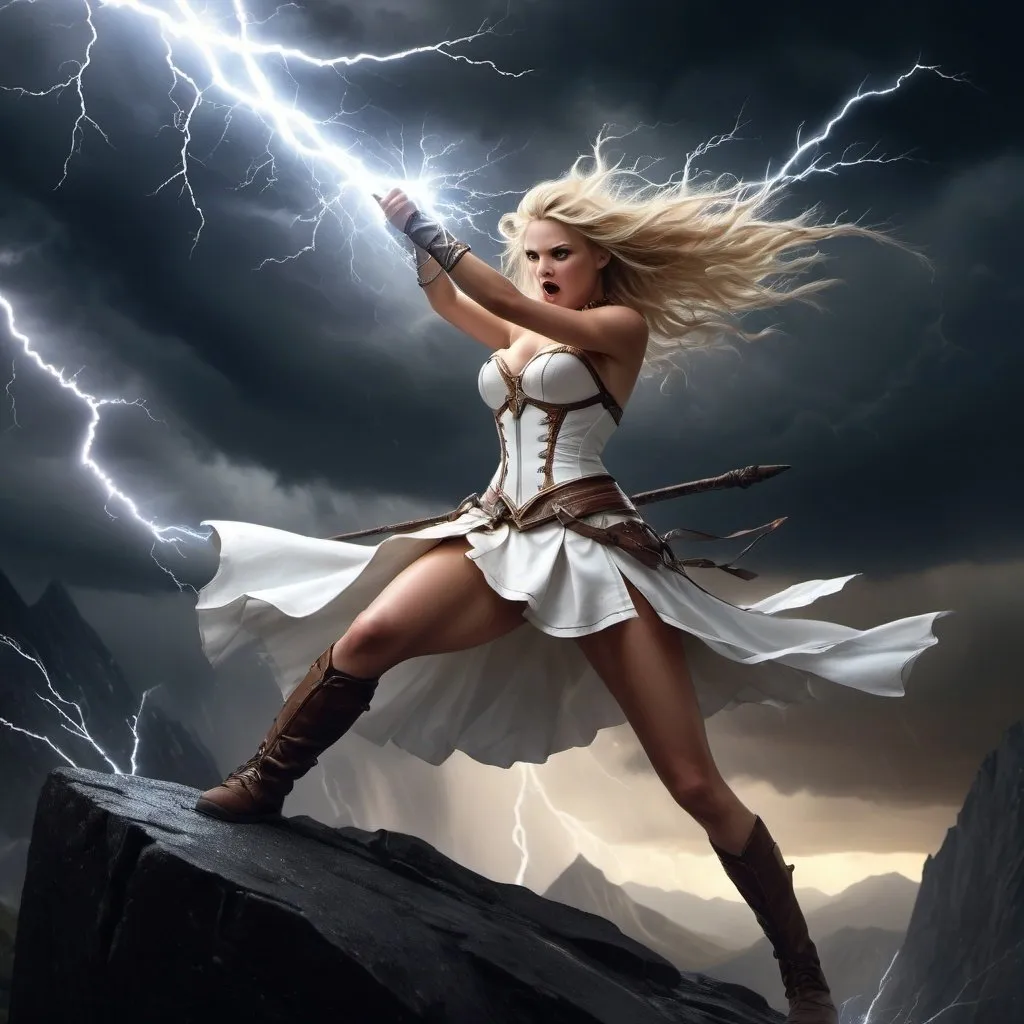 Prompt: 4k , high resolution ,fantasy, illustration , dark colors , artistic ,mountain, a woman rises up magical sword ,big storm caused by the magical sword , strong wind ,dark background, blonde hair ,white crown , white combat corset , white short skirt revealing legs , low angle shot ,attacking stance , thunder aura around the sword , sword's blade glowing with the thunder , portrait , thunder hits the sword and causes big lights