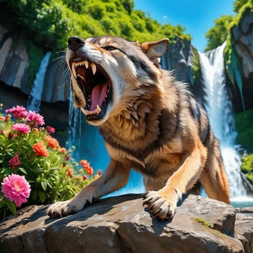 Prompt: 4k , high resolution , detailed photo , oil painting  , animal photography ,close up ,summer,nature , waterfall ,clear shot , flowers ,blue sky ,wolf  stands on rock and  exposes his teeth , aggressive look , scary  , attacking , photography , , aggressive colors in the background ,dynamic photo, action ,low angle shot 