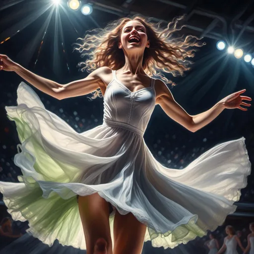 Prompt: <mymodel>
4k  , high resolution,artistic , bright colors ,photorealistic painting ,digital painting , a woman in short white dress is dancing on dark stage , close up , energetic dance , the stage lights shine on the woman , dynamic , dramatic dance , low angle shot ,