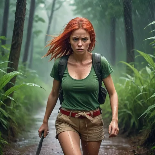 Prompt: 4k , high resolution, digital colors , high detailed , hyper realistic  , nature , green , forest , bright colors , grass , , a woman traveling in the wild forest and walking between big bushes , she is holding Machete and cutting the bushes to help herself waking through  , red dyed hair , green crop top shirt , beige shorts , belt , dynamic movement , adventure atmosphere  , she looks mad and struggling walking to her destination , strong rain 