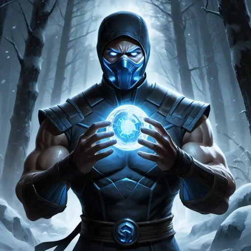 Prompt: high resolution ,4k , fantasy  ,dark colors ,,frozen forest , digital painting , illustration , hyper realism , mortal kombat ,aggressive , violent, 
 , sub zero stands in throwing stance, an magical ice ball , the ice ball is in the air , dynamic ice ball ,
white glowing eyes , the ice ball reflects blue aura around sub zero's hands and shines sub zero's face , low angle shot , show full body , fighting