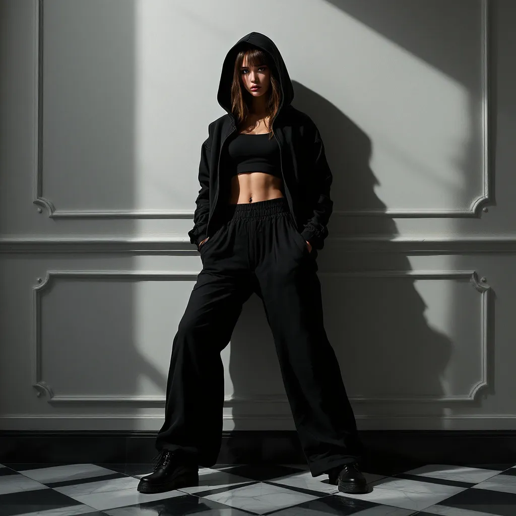 Prompt: photorealistic, high-resolution artistic photography, female model standing against the wall creating an artistic photo by her pose and lighting settings , donning an open black hoodie covers her head paired with a black crop top and high-rise pants, studio setting with professional lighting highlighting her features, elegant black and white tiled floor shining beneath her, dynamic composition showcasing strength and grace, ultra-detailed textures and fabric of the attire, stylish and contemporary atmosphere.