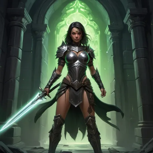 Prompt: a digital painting of a female warrior(low angle shot) holding a glowing magical sword and rising the sword up ,fierce stance  , she wears a black warrior outfit  with armors on her shoulder ,but also revealing parts of her body , video game character , background : night time dark building with a wall in the center there is a big door and green lighting on the center only , there is a smoke in the background , cracked floor ,

