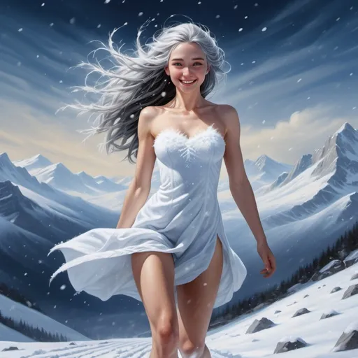 Prompt: 4k,high resolution,detailed,snow field,mountains, oil painting ,snowing , cold , realistic snowflake,wind,a young woman ,long black and grey hair , mini white slit dress reveals legs , blue eyes , barefoot , smile , focus on legs , modeling , dark blue sky , pure , freedom,