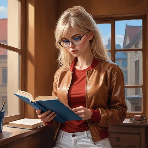 Prompt: 4k , high resolution , detailed room , digital painting  ,window , caramel wall  , an elegant  woman reads blue book , blond hair , bangs hairstyle , glasses , blue eyes, she wears brown opened jacket and red crop top shirt under the jacket , white tight long pants , 