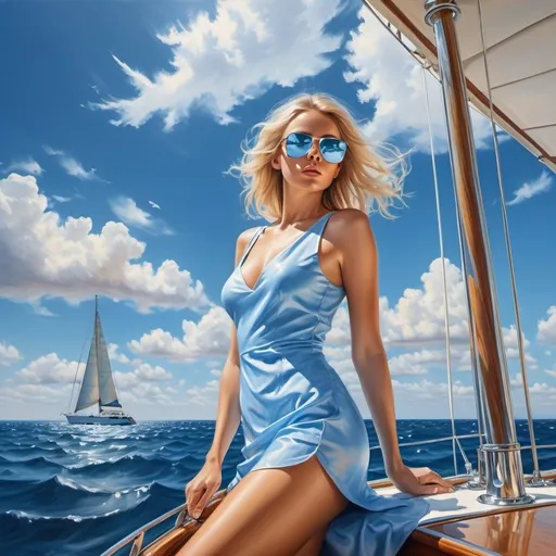 Prompt: 4k , oil painting , high resolution , modeling photo , nature ,  sea , blue sky , clouds , a woman stands  in a yacht, sleeveless  blue dress ,slit thigh dress, blond hair , barefoot , unique pose , view from the ground to the sky , sunglasses , mirrored lens , she looks at the sky