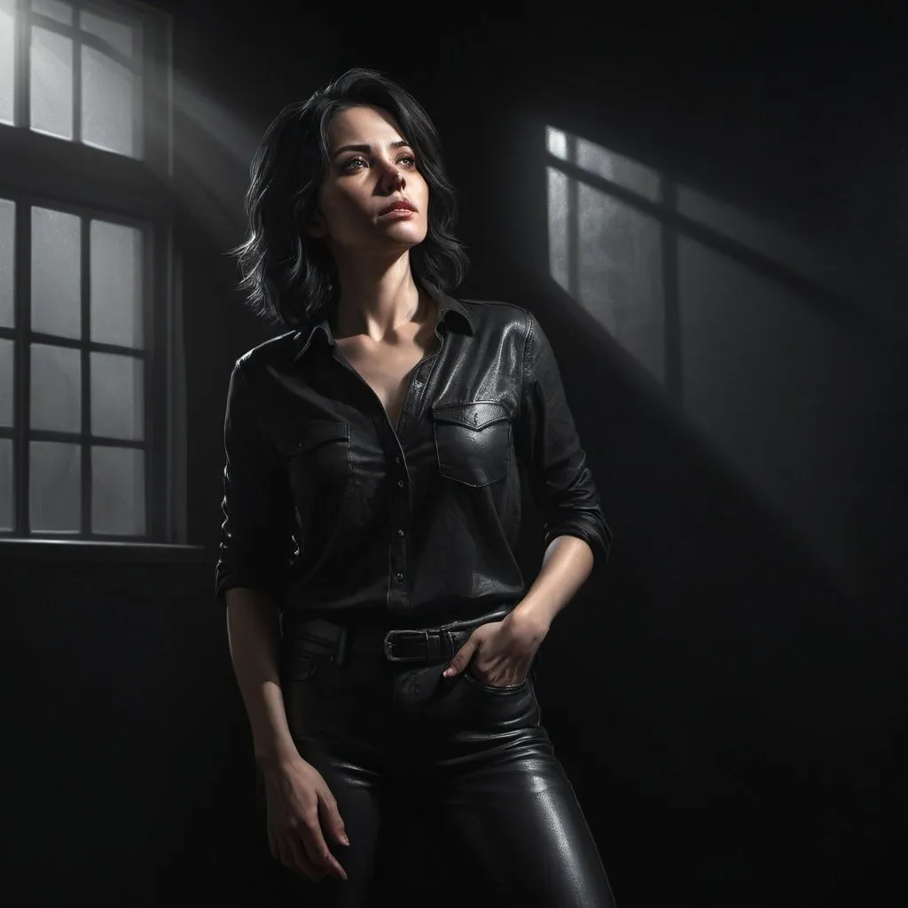 Prompt: low-angle of digital painting of a 35 years old woman in a dark room, black wall , sunlight streaming through a window, black hair, black shirt, leather pants, ,achromatic colors, 4k, high resolution, art photography, modeling pose, intense lighting, dramatic shadows, professional, detailed, atmospheric lighting