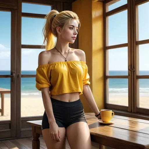 Prompt: a woman , wooden table ,parquet, yellow cup of coffee on the wooden table ,window , beautiful view , sea ,sand, high resolution , 4k , digital painting , realism , the woman wears black shorts , yellow off shoulder top ,blonde hair , ponytail ,necklace , legs , artistic photography ,light and shadow photography , close up