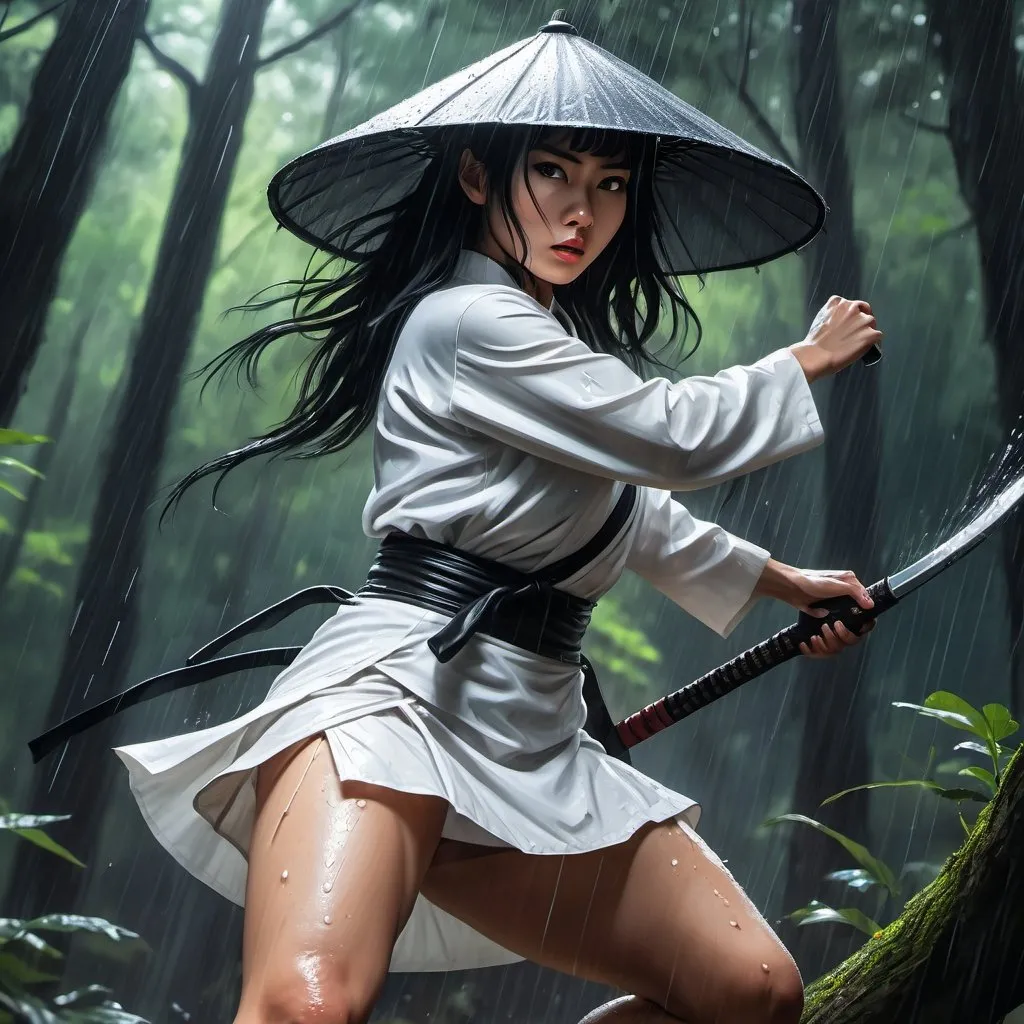 Prompt: 4k ,oil painting ,fantasy, high resolution ,artistic,modeling, a female ninja holds sword,black hair,she wears rain hat , long white ninja outfit , white short skirt reveals legs, low angle shot , combat stance ,dynamic , wind ,,forest,rain,dark area , 