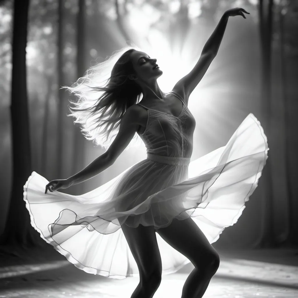 Prompt: 4k , portrait, high resolution ,artistic , detailed photo ,achromatic gray,woman is dancing in nature , detailed  white short dancing dress , long hair , green eyes , dramatic dance  ,sunlight shines the woman , close up on legs ,dynamic , energetic , dress moves while dancing,low angle shot ,feet , barefeet