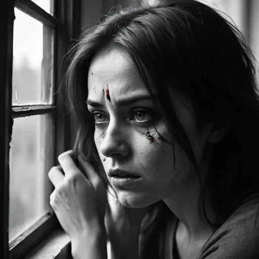 Prompt: 4k , high resolution , black white and red shot  , red color strong emphasized while other colors are in black and white shot,dramatic portrait ,artistic , woman's face , shiner eye,detailed face , wounded and bruised face ,blood on face, feared face , sadness,
room with window , sunlight shines the woman's face through the window  , brunette hair  , Uncombed hair,hair looks bad, woman is scared and looks worried , she is looking out the window and touches the window