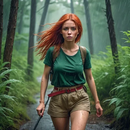 Prompt: 4k , high resolution, digital colors , high detailed , hyper realistic  , nature , green , forest , bright colors , grass , , a woman traveling in the wild forest and walking between big bushes , she is holding Machete and cutting the bushes to help herself waking through  , red  long dyed hair , green crop top shirt , beige shorts , belt , dynamic ,dramatic colors to me the scene more powerful , movement , adventure atmosphere  , she looks tired and struggling walking to her destination , strong rain 