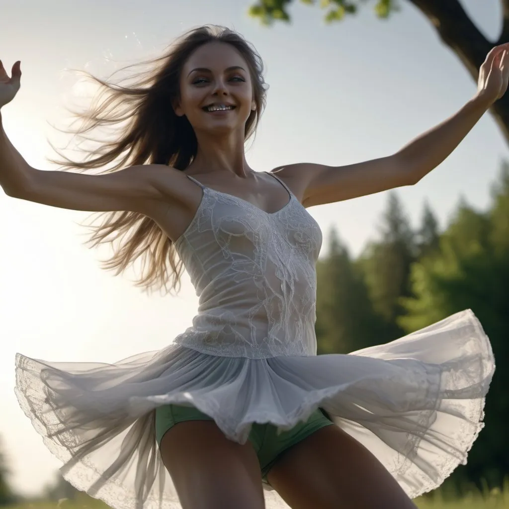 Prompt: 4k , portrait, high resolution ,artistic , detailed photo ,achromatic gray,woman is dancing in nature , detailed  white short dancing dress , long hair , green eyes , dramatic dance  ,sunlight shines the woman , close up on legs ,dynamic , energetic , dress moves while dancing,low angle shot ,smile