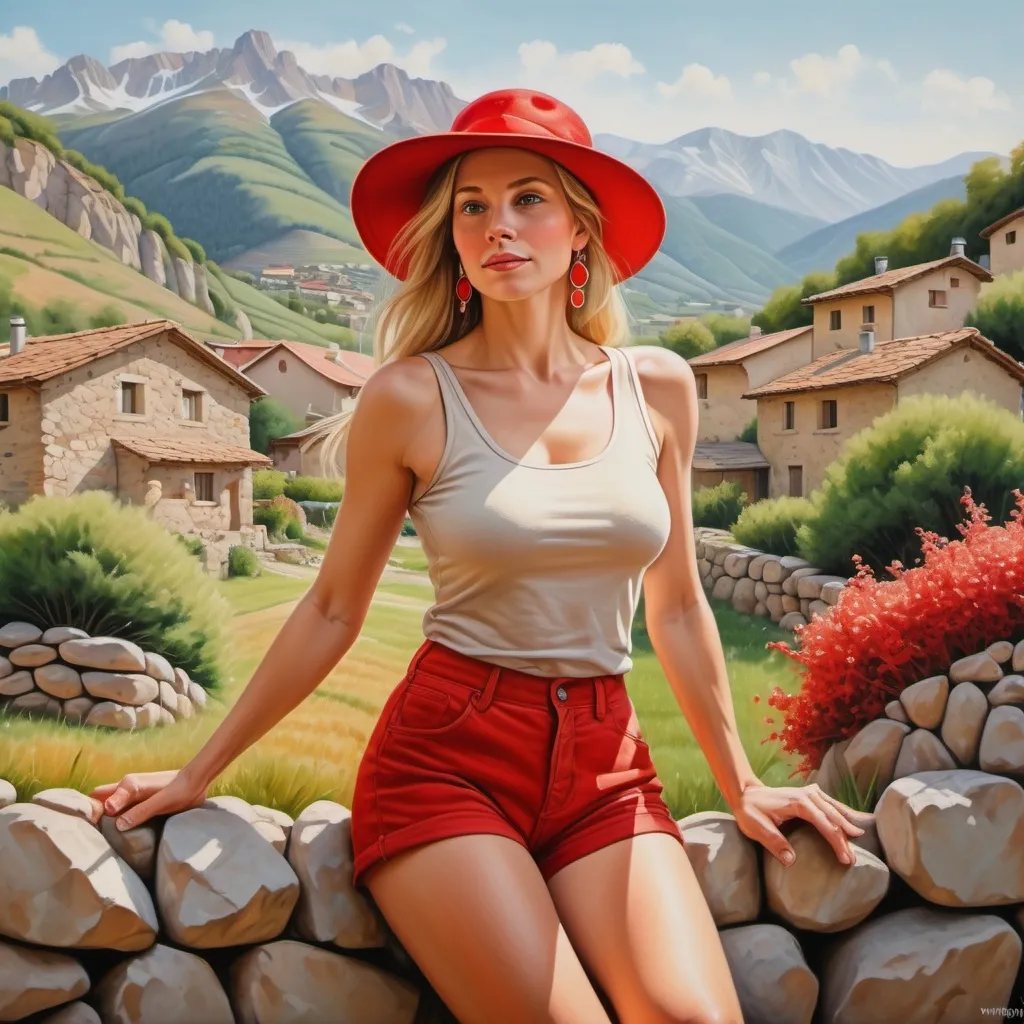 Prompt: 4k , high resolution , extremely detailed oil painting , realism , village , mountains , warm colors . spring season ,
a low angle of beautiful woman sitting  (long blonde hair , beige sleeveless shirt with red neckline  ,red elegant shorts ,earrings , summer red  hat )  bushes , small dry stone walling in the background , detailed face , she is 40 years old , legs