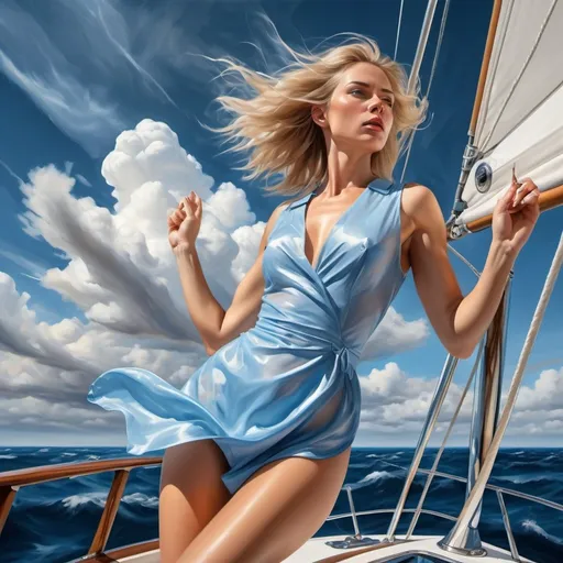 Prompt: 4k , oil painting , high resolution , modeling photo , nature ,  sea , blue sky , clouds , a woman stands in a yacht ,strong wind,she rises her hands up, ,sleeveless  blue dress ,slit thigh dress, transparent dress, blond hair , unique pose  ,focus on legs , portrait , close up  , serious face, good composition ,feet 