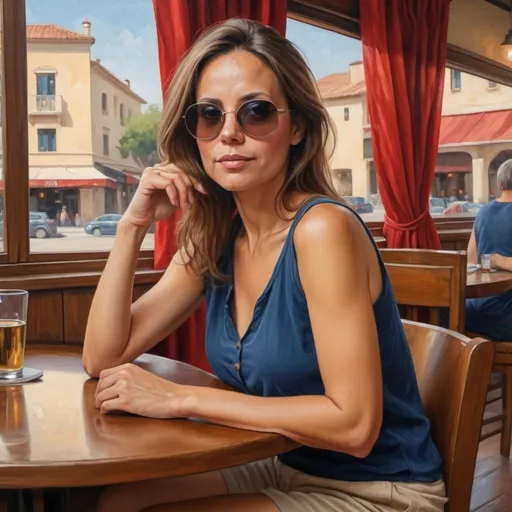 Prompt: 4k, high resolution,detailed, oil painting, a beautiful woman is sitting in restaurant, she is 45 years old, window , beautiful view, wooden round table , red curtain, the woman wears dark blue  sleeveless shirt , beige cargo shorts , long brown hair , sunglasses, mirrored lens , rounded body,