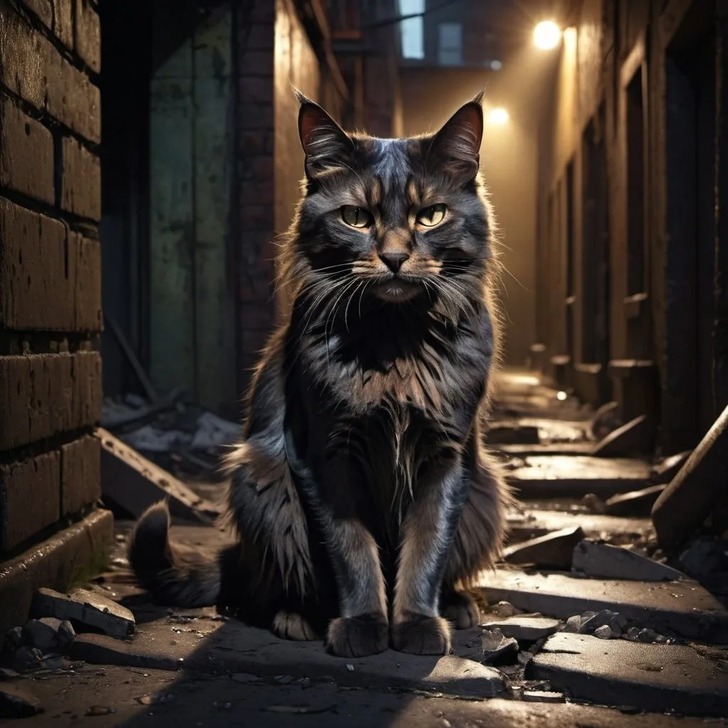 Prompt: 4k , high resolution , dark colors 
Dramatic cat in neglected alley, intense lighting, urban decay, dark and moody, detailed fur with dramatic shadows, abandoned environment, high quality, digital painting, dramatic lighting, neglected urban setting, dramatic atmosphere, 