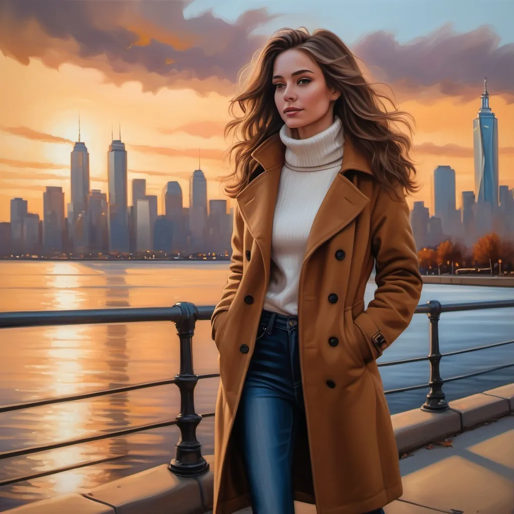 Prompt: oil painting of a woman(brown coat , white turtleneck , skinny jeans , boots) standing(modeling pose) on a sidewalk , surrounded by a stunning city skyline, capturing urban beauty, warm sunset hues reflecting on water, soft waves lapping at the shore, a gentle breeze in her hair, (4K) quality, spirited and inviting.