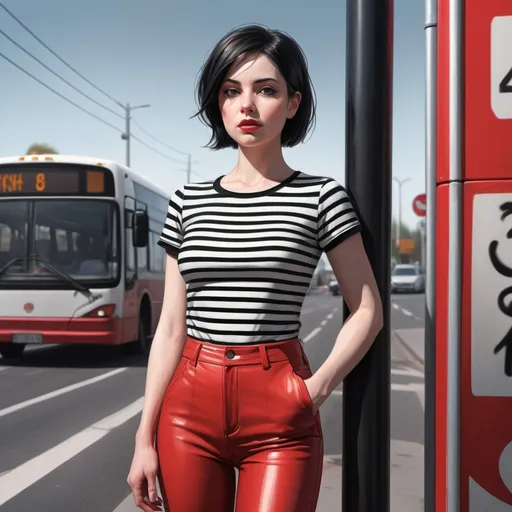 Prompt: 4k , high resolution , detailed , digital painting , 
(a woman) standing confidently in a modeling pose(low angle shot), (bus stop settings, ) with a traffic sign nearby, wearing a stylish black and white striped t-shirt paired with striking red tight pants, (short black hair), (pale skin), captured in (art photography) style , red stylish bag