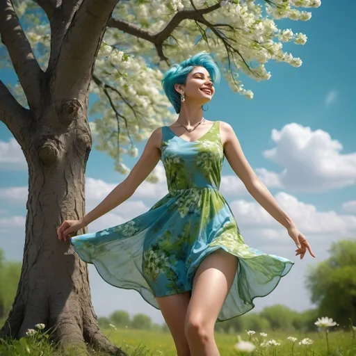 Prompt: 4k , high resolution , glamour photography , art photography , digital painting ,achromatic colors ,trees ,beautiful calm place ,peaceful ,blue sky, flowers are blooming ,spring season , an attractive woman dancing near a tree ,dynamic ,she enjoys the freedom of the nature , smiles , blue pixie hair , green floral mini dress  , earrings , necklace  , low angle pose , legs  , low angle shot 