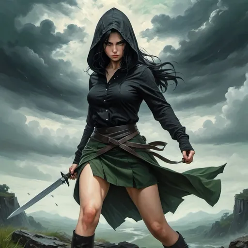 Prompt: 4k ,oil painting ,fantasy, high resolution ,artistic,nature ,sky ,war, a white woman holds dagger ,black hood  , black hair , traditional buttoned black shirt , dark green slit miniskirt  , combat stance , 