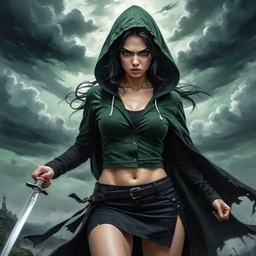 Prompt: 4k ,oil painting ,fantasy, high resolution ,artistic,nature ,sky ,dark atmosphere ,action,dynamic, a white dangerous  woman holds dagger and she threats with her dagger , angry face , black hair , traditional buttoned black shirt , dark green slit miniskirt  ,black hood,  good composition , low angle shot 