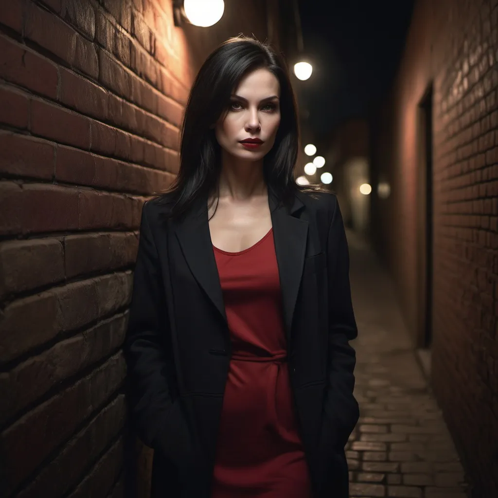 Prompt: digital painting of a 47 years old woman(Oval-shaped face,High cheekbones ,Slim jawline,Straight nose ,Full lips  ) brick  wall in a dark alley way ,she is leaning against the brick wall and posing for a picture   , black jacket , red mini dress with slit  ,long black straight  hair , nighttime , dramatic lighting on the woman , eerie atmosphere  