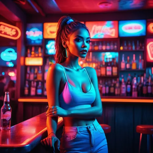 Prompt: (vibrant neon lighting), a woman posing standing in modeling pose  , (bar scene,) filled with dynamic colors, contrasting red and soft light blue hues illuminating the background, an energetic and night atmosphere, captivating details enhancing the nightlife experience