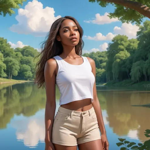Prompt: 4k , high resolution , professional , detailed , park , bright blue sky , trees , lake , art photography , digital painting , low angle shot of woman , modeling pose , she is wearing white sleeveless shirt , beige shorts , dark skin , long hair 