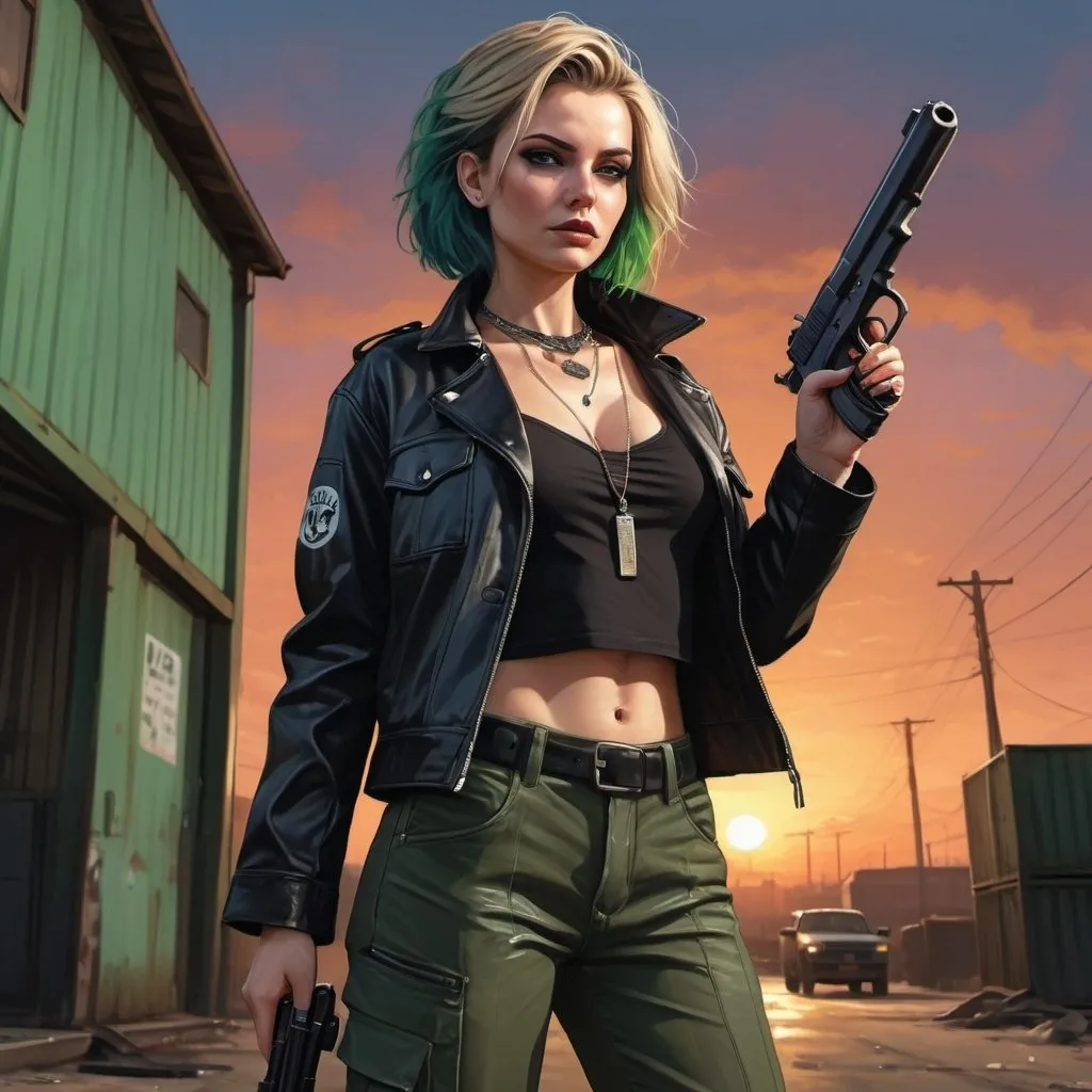 Prompt: 4k , high resolution , detailed , gta style ,dark colors , digital painting , roller shutter door in the background , outdoor , sunset ,industrial place , a woman holds a pistol   ,  blue eyes , pale skin ,necklace , leather black coat , black tube top shirt , khaki cargo pants , black boots , dyed blue and green streaks in hair , low angle shot  , powerful look , dangerous woman , 