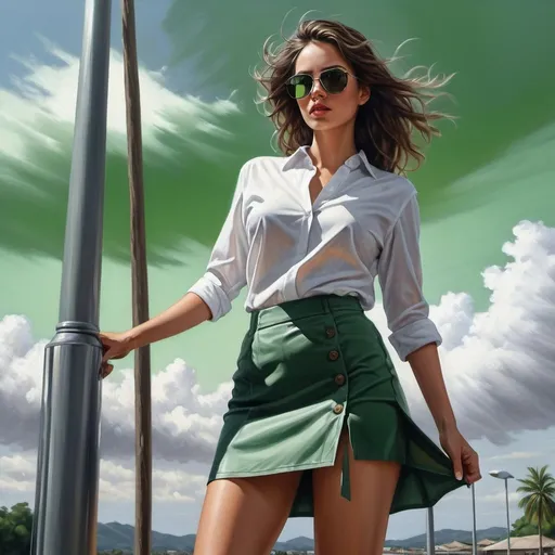 Prompt: 4k,oil painting ,high resolution,professional, Achromatic grays ,light and shadow , sky,modeling ,low angle shot,  a woman is modeling  ,she is leaning against pole,long shag haircut,brunette hair,detailed green slit miniskirt ,opened white buttoned shirt ,focus on legs ,she wears sunglasses , mirrored lens, close up , portrait , wind