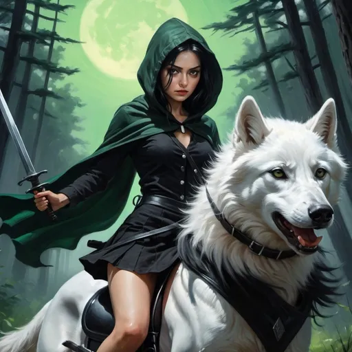 Prompt: 4k ,oil painting ,fantasy, high resolution ,artistic,nature ,sky ,action,dynamic,small wolf, a white dangerous  woman holds dagger and she rides on black wolf , black hair , traditional buttoned black shirt , dark green slit miniskirt  ,black hood,  good composition 