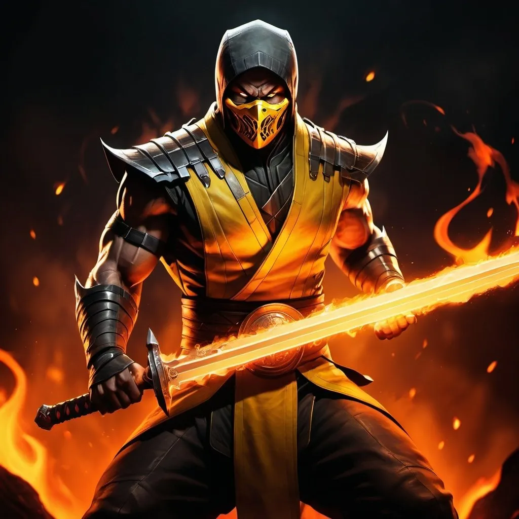 Prompt: high resolution ,4k , fantasy  ,dark colors ,hell , lava , digital painting , illustration , hyper realism , mortal kombat ,
scorpion from mortal kombat holds a flamed sword , yellow aura is around scorpion's body  , low angle shot , sword man stance 