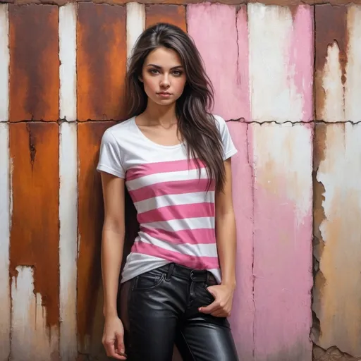 Prompt: 4k , high resolution , oil painting , industrial settings  , ultra-detailed street ,art photography , bright colors , woman standing near Wall (detailed rusty  wall) , modeling pose  , (white shirt with pink horizontal striped t-shirt) (same pattern of the stripes, 6 stripes)  , (black leather pants ), brown skin , black hair , long hair , slavic face  